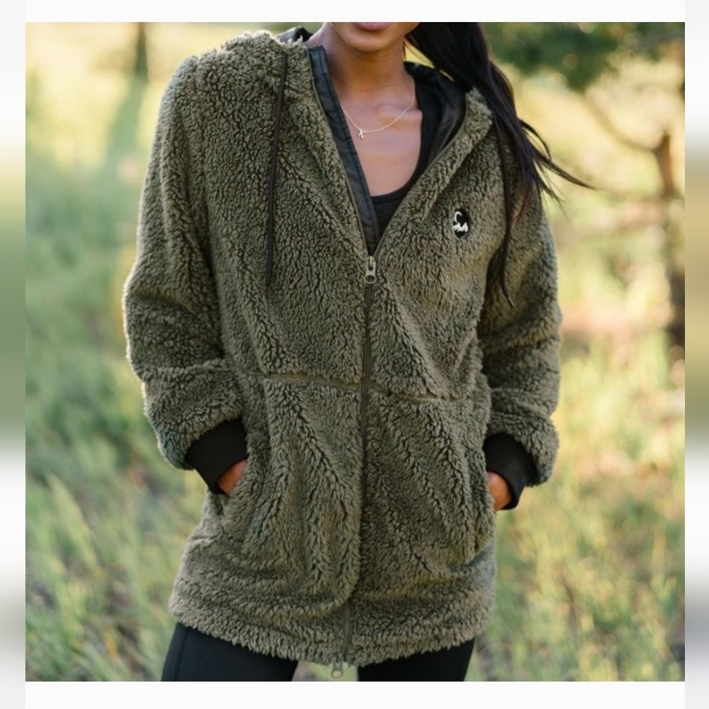 ZYIA Olive Long Teddy Fleece Sherpa Hooded Jacket Supe Soft Size XS